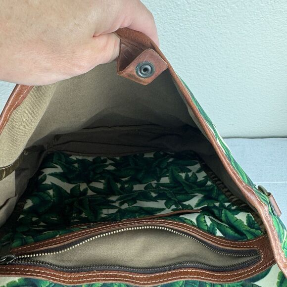 Tropical Banana Palm Leaf Canvas Leather Safari Backpack Bag Medium Green Brown